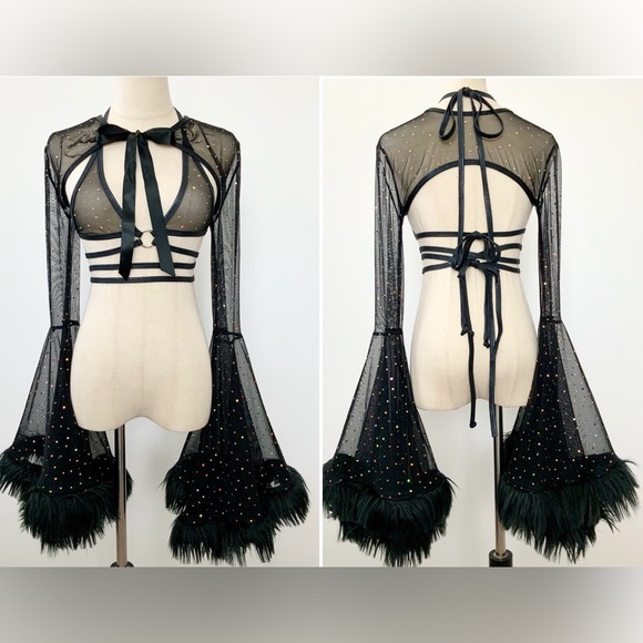 💥Rave Wonderland💥Women's 2-Piece Outfit Shrug Top Black/Gold